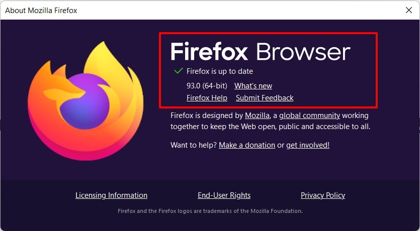 Tentang versi browser Firefox dan nomor build
