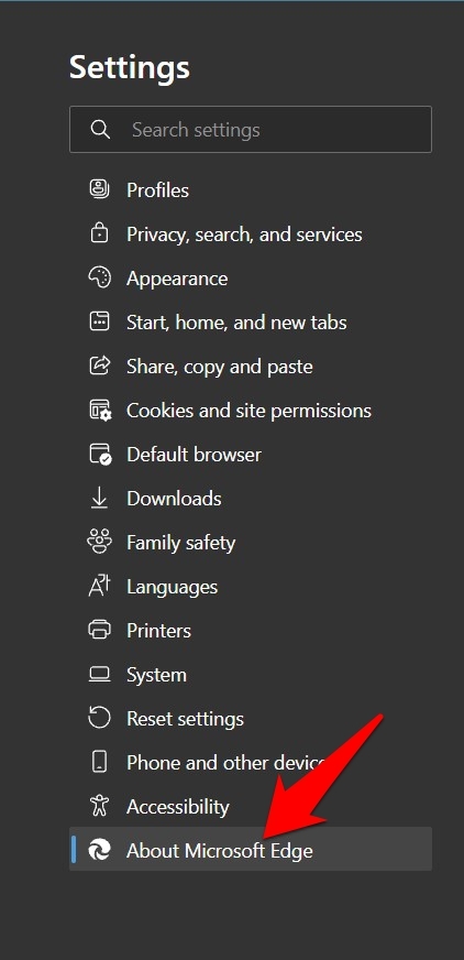 About Microsoft Edge menu tab