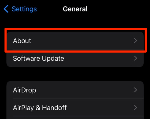 About menu in iPhone General Settings tab