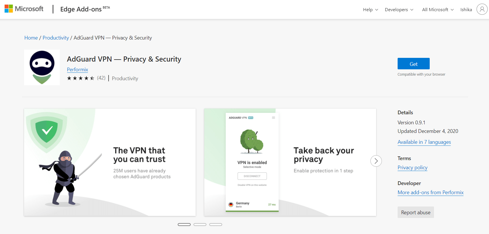 Дополнение AdGuard VPN для Privacy Edge