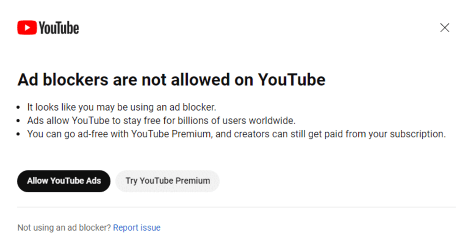 Ad Blocker are not allowed on YouTube Pop-up