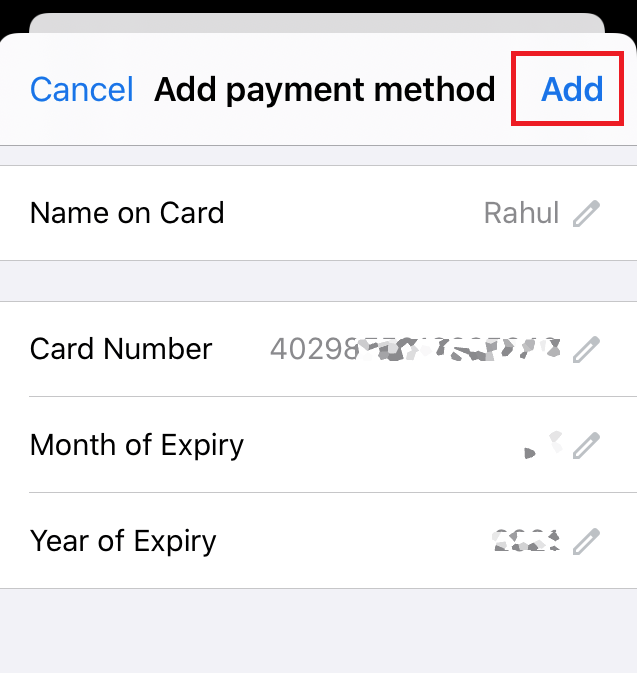 Add Payment Method Screen with Card Details