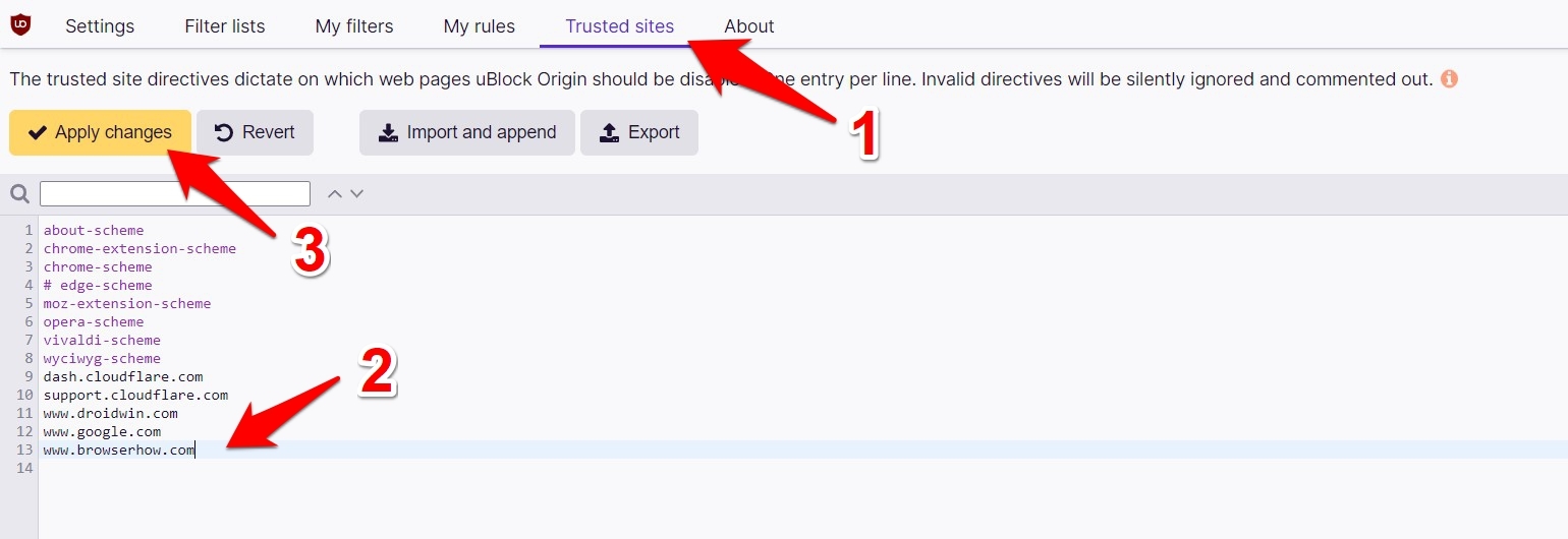 Add Website URL to Trusted Sites in uBlockOrigin