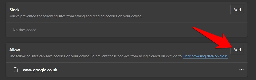 Add command to add the Site URL under Allowed cookies on Edge