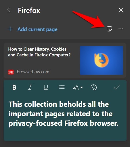 Add note to collections in Edge