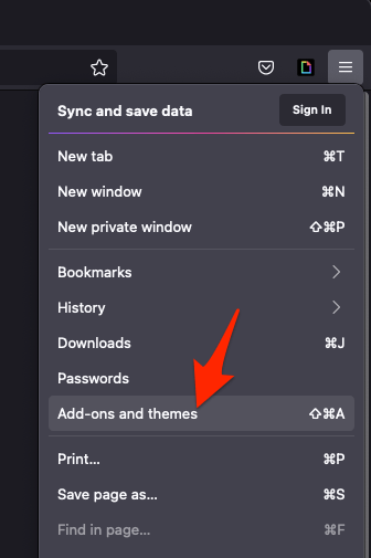 Add-ons and Themes option in Firefox Computer browser