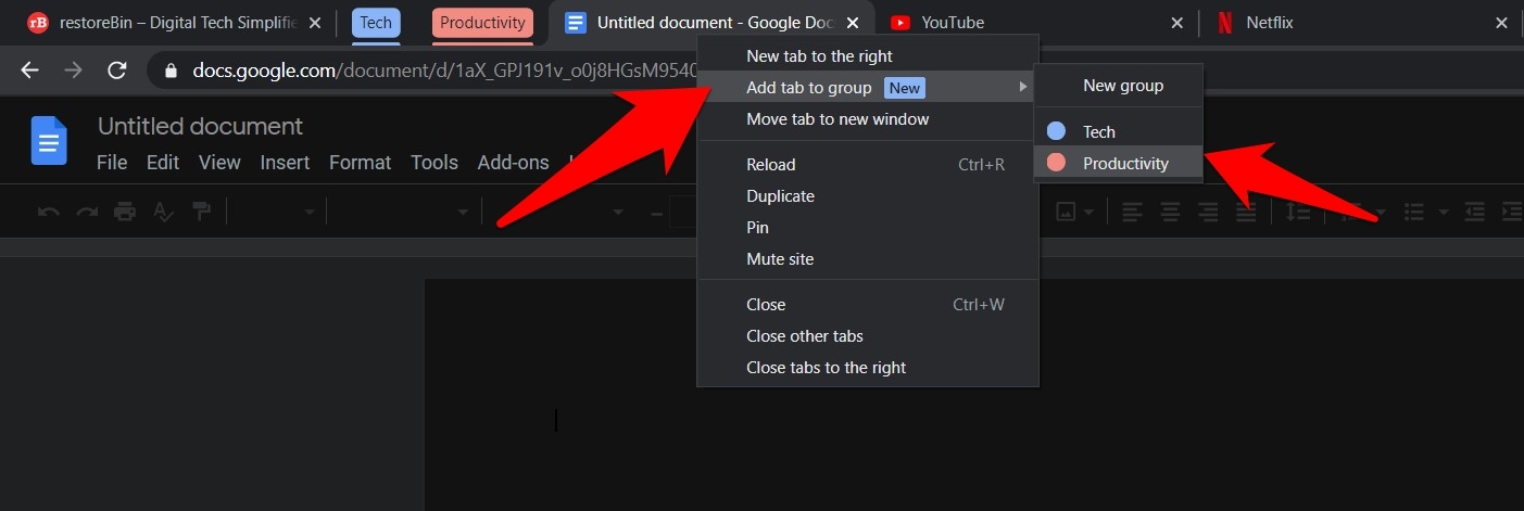 Add tab to existing group in chrome