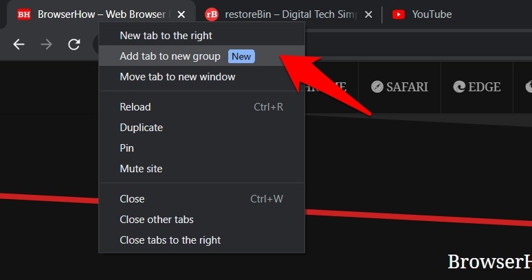Add tab to new group in chrome