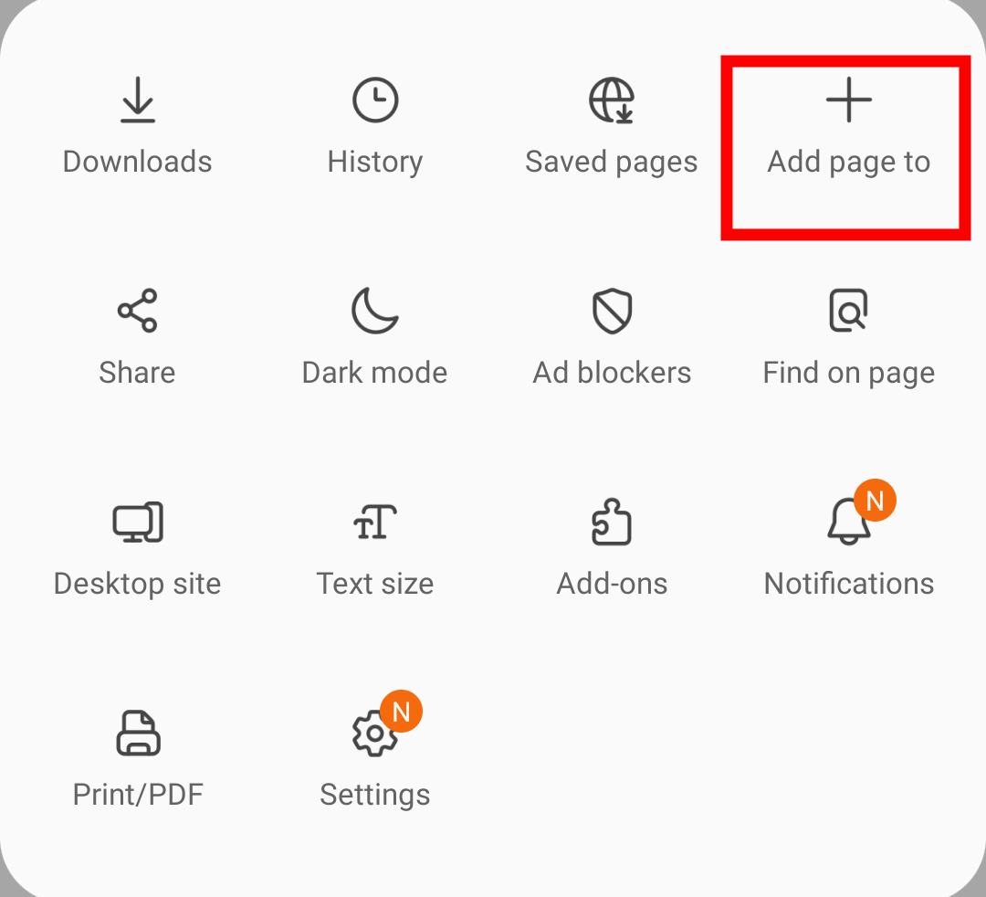 Add to Page command menu in Samsung Internet