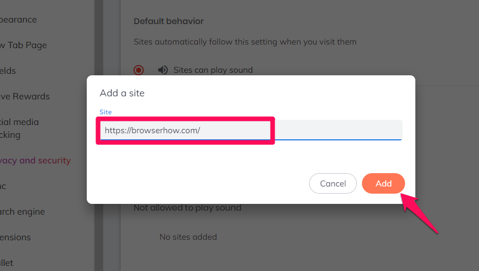 Add Site URL to Allow Sound Settings in Brave browser