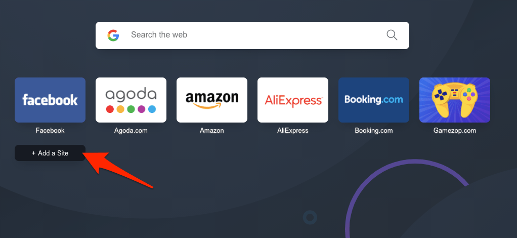 Add a Site button on Opera Home Screen