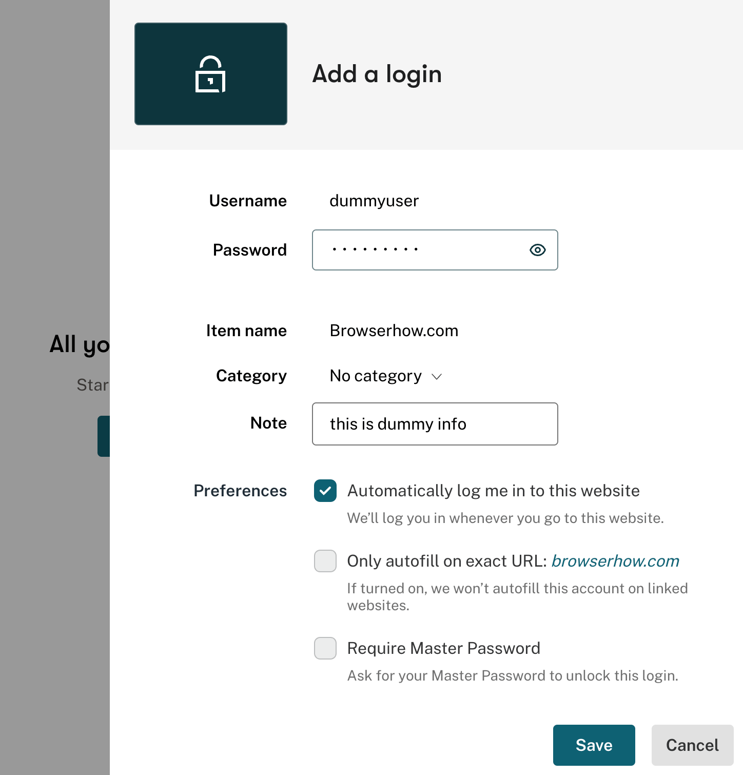 Add a login details to store in Dashlane extension