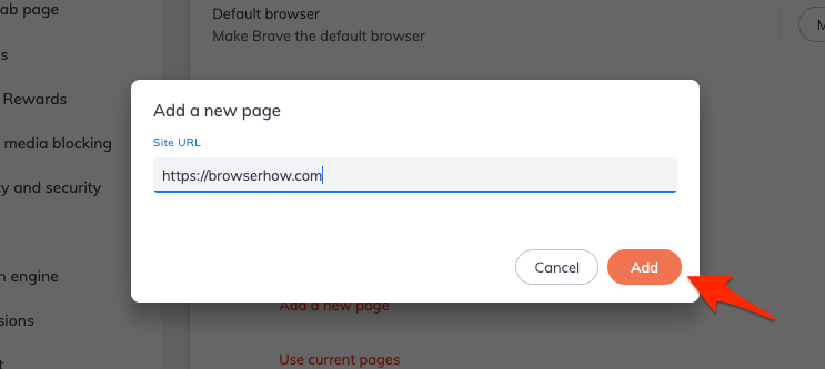 Add a new page for start up on Brave browser Settings