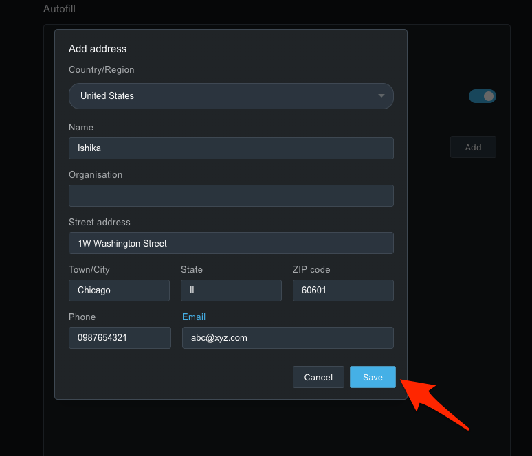 Add address and fill-in details for save in Opera computer
