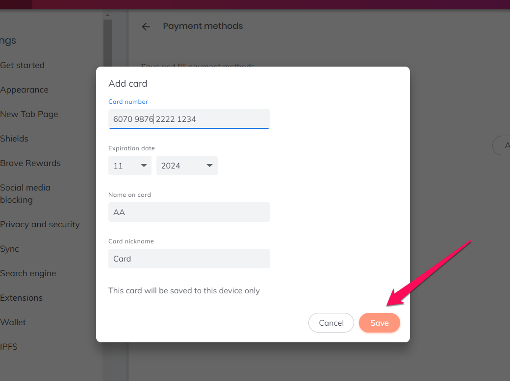 Add card details in the Payment method on Brave computer browser