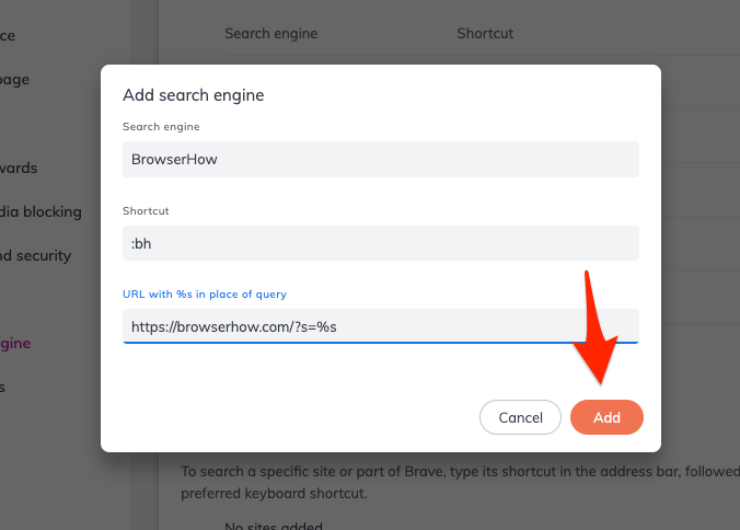 Add custom site search in Brave browser