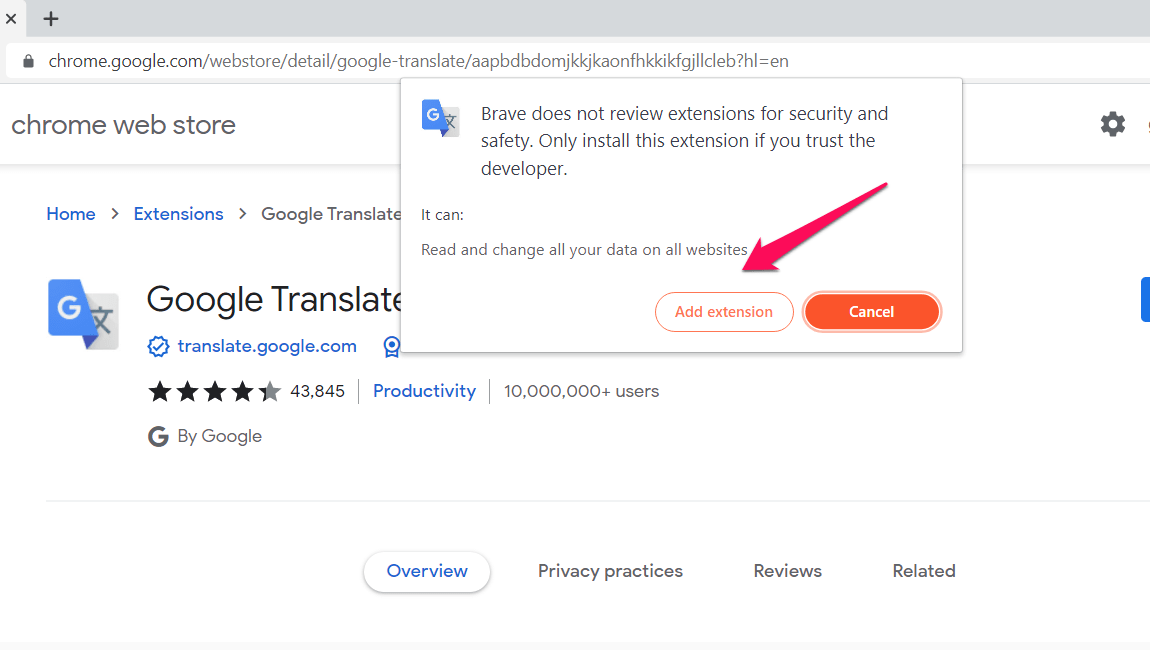 Add extension on Brave Browser from Chrome Web Store