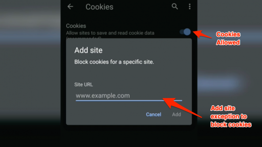 Add site exception to block cookies on chrome android