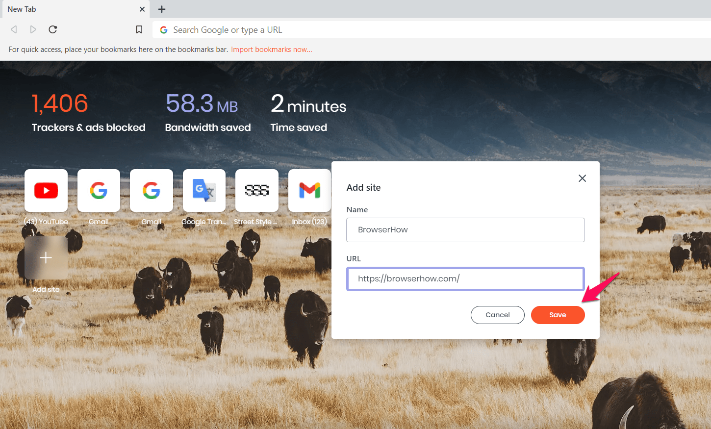 Add site pop-up window on Brave browser