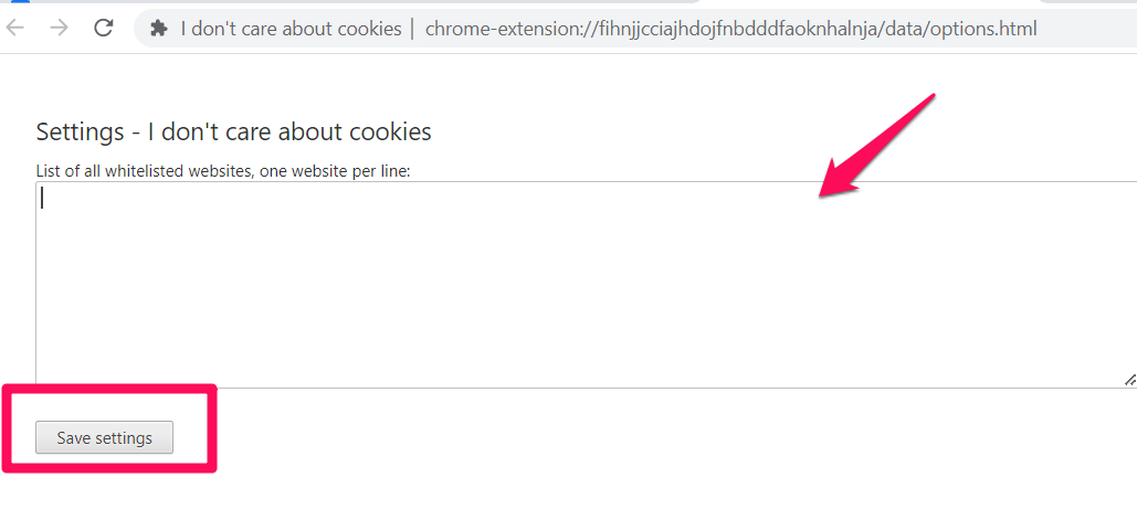 Add the website list to be whitelisted for cookies on Chrome