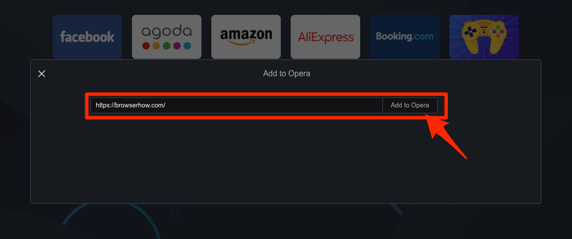 Add to Opera pop-up box for shortcut links