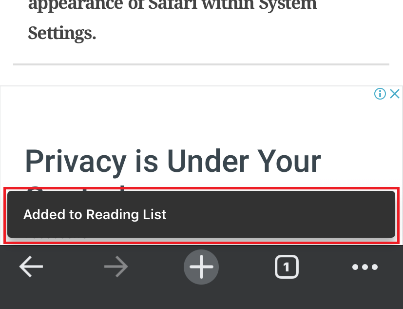 Added to Reading List pop-up in Chrome iOS
