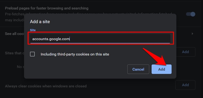 Добавление URL-адреса учетной записи Google в разрешенные файлы cookie в Chrome