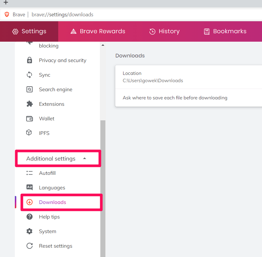 Additional Settings with Downloads Tab in Brave Settings Page