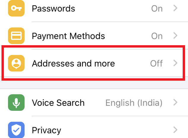 Addresses and more option in Chrome iOS App