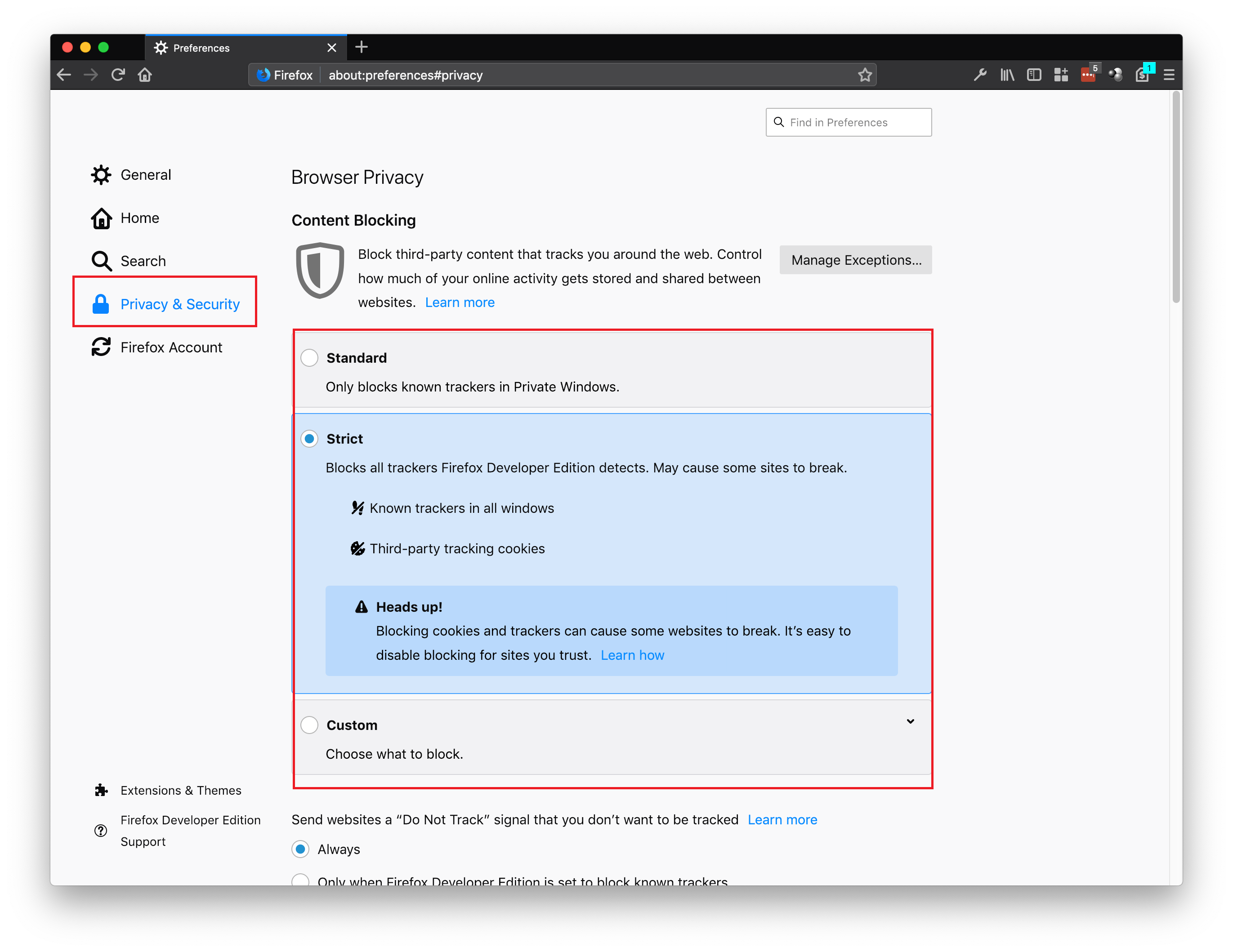 Adjust Firefox Content Blocking