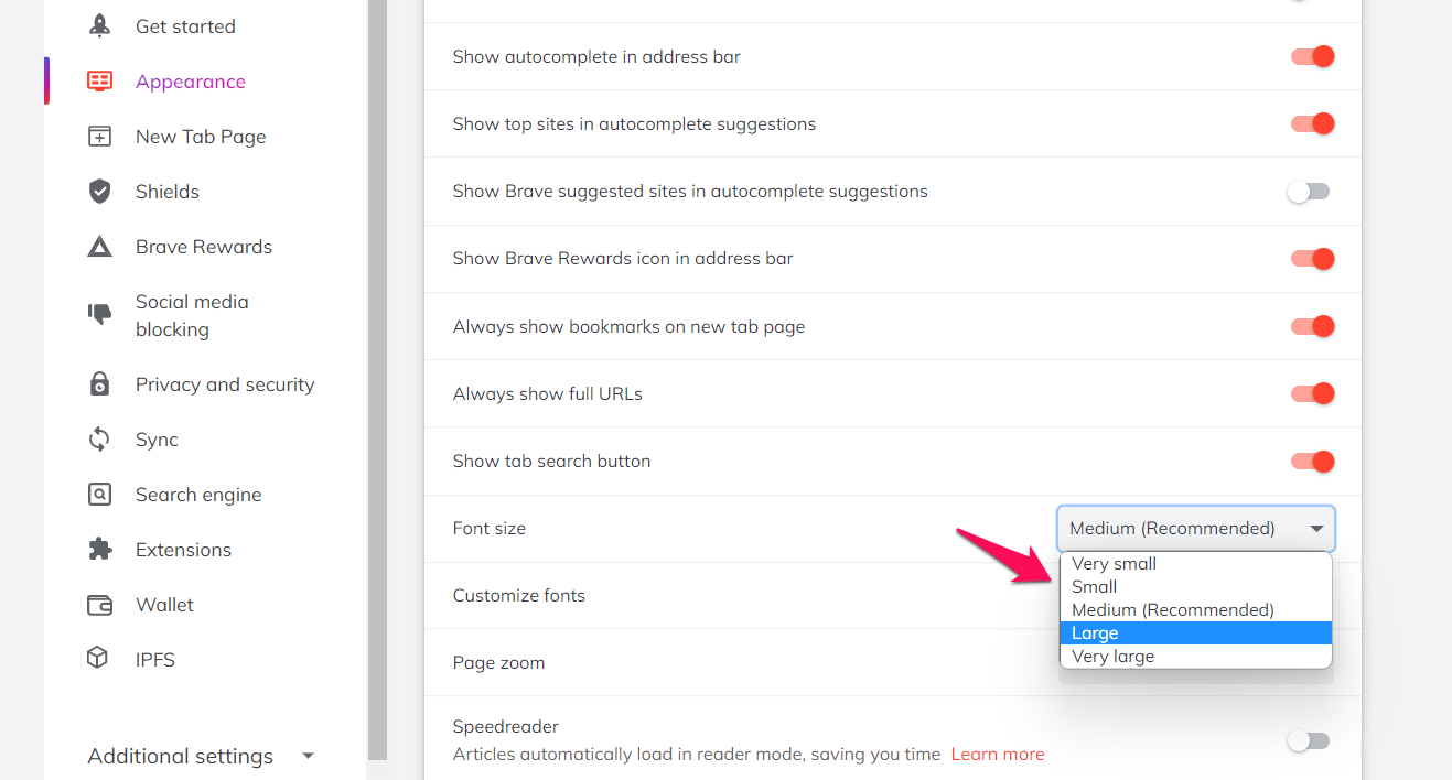 Adjust the Font Size from the Drop-down menu in Brave Appearance