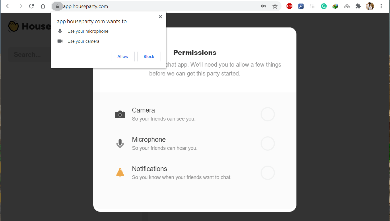 Allow Camera Microphone and Notification access for Houseparty