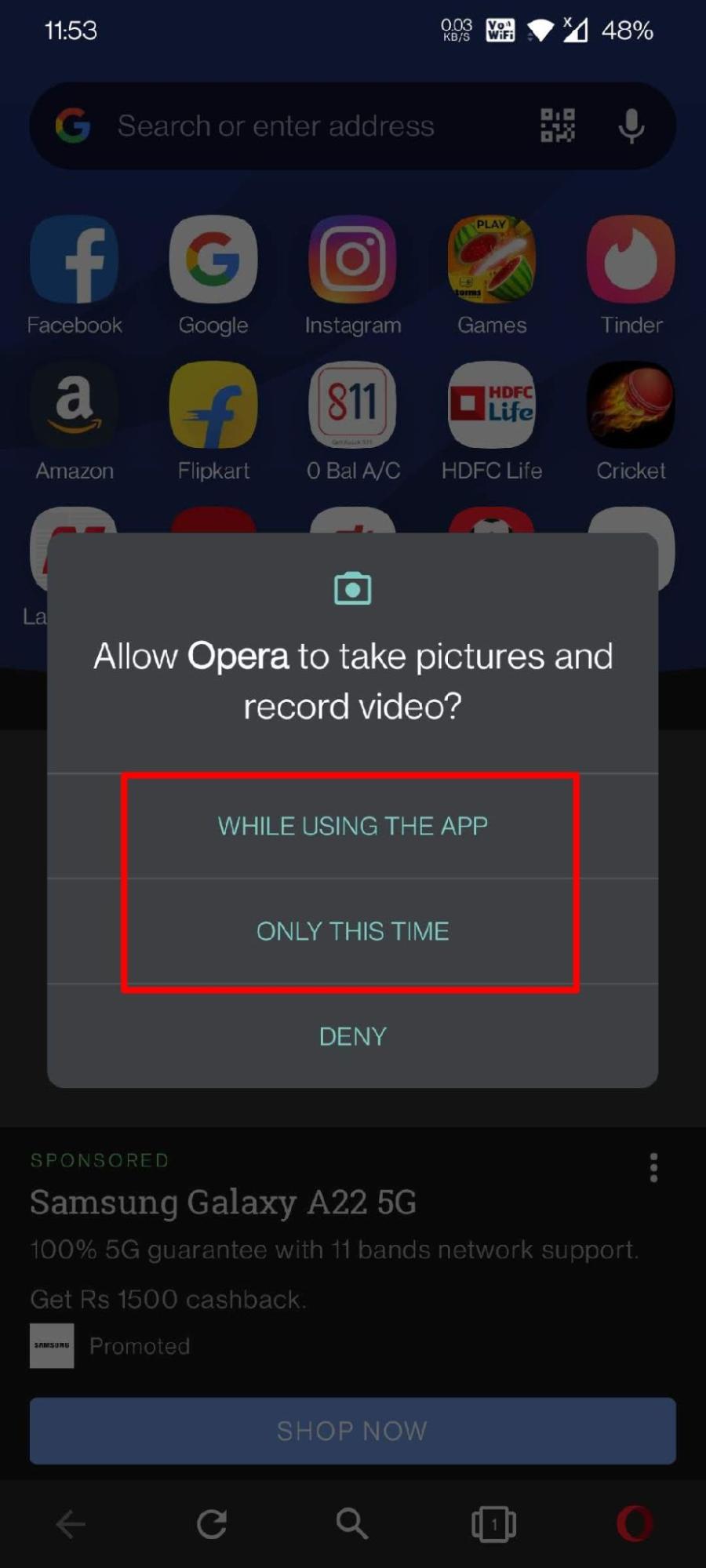 Allow Camera access to Opera mobile for QR code scan