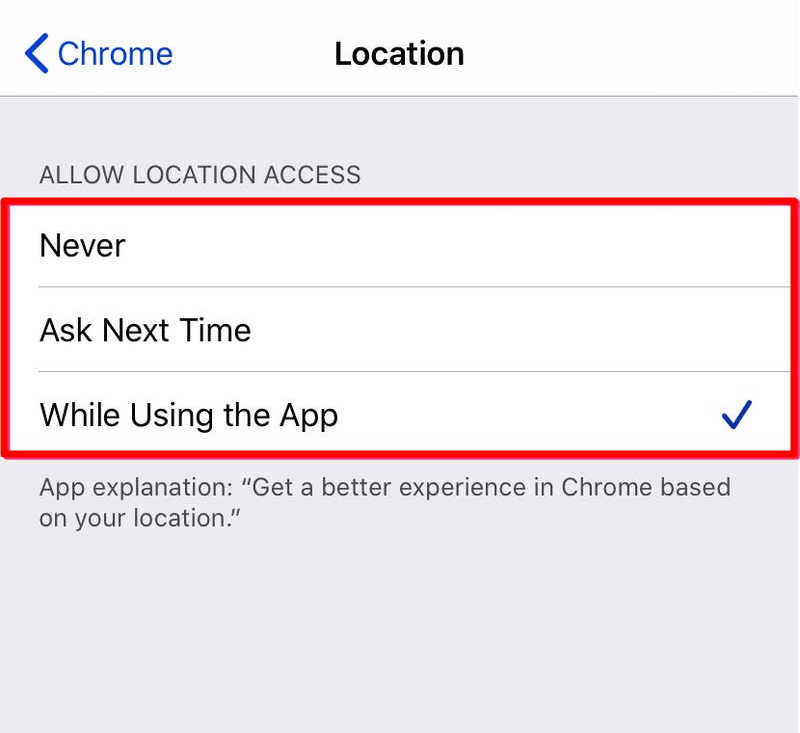 Cho phép truy cập Vị trí trong Chrome iOS iPhone