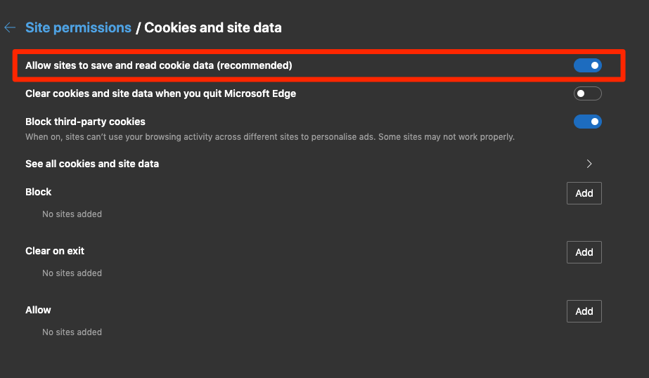 Allow Cookies Settings on Edge Browser on Computer
