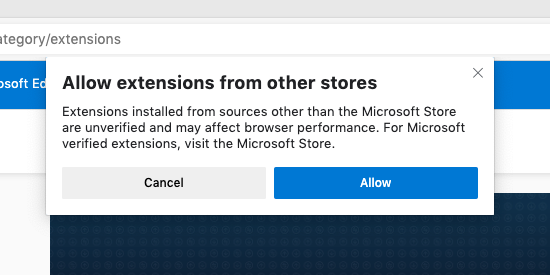 Allow extensions from other stores Microsoft Edge