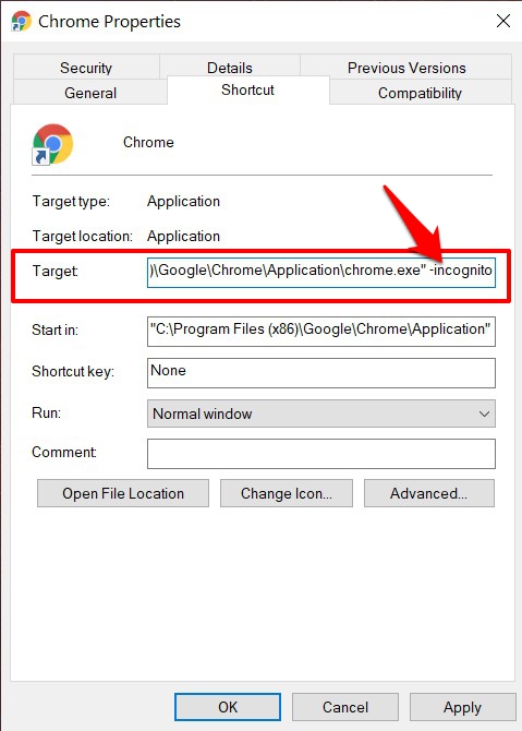 Always open Chrome in Incognito Mode in Windows OS