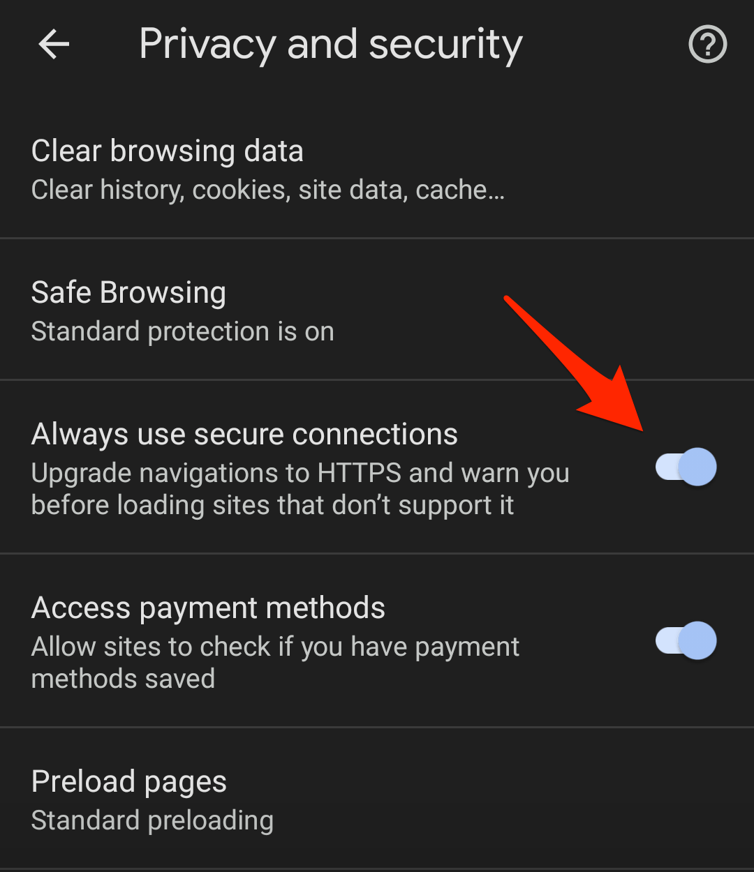 Luôn sử dụng các kết nối an toàn được BẬT trong Chrome Android