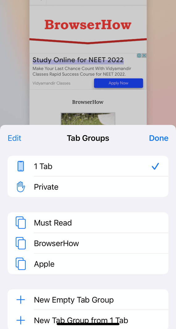Available Tab Groups within Safari iPhone Browser