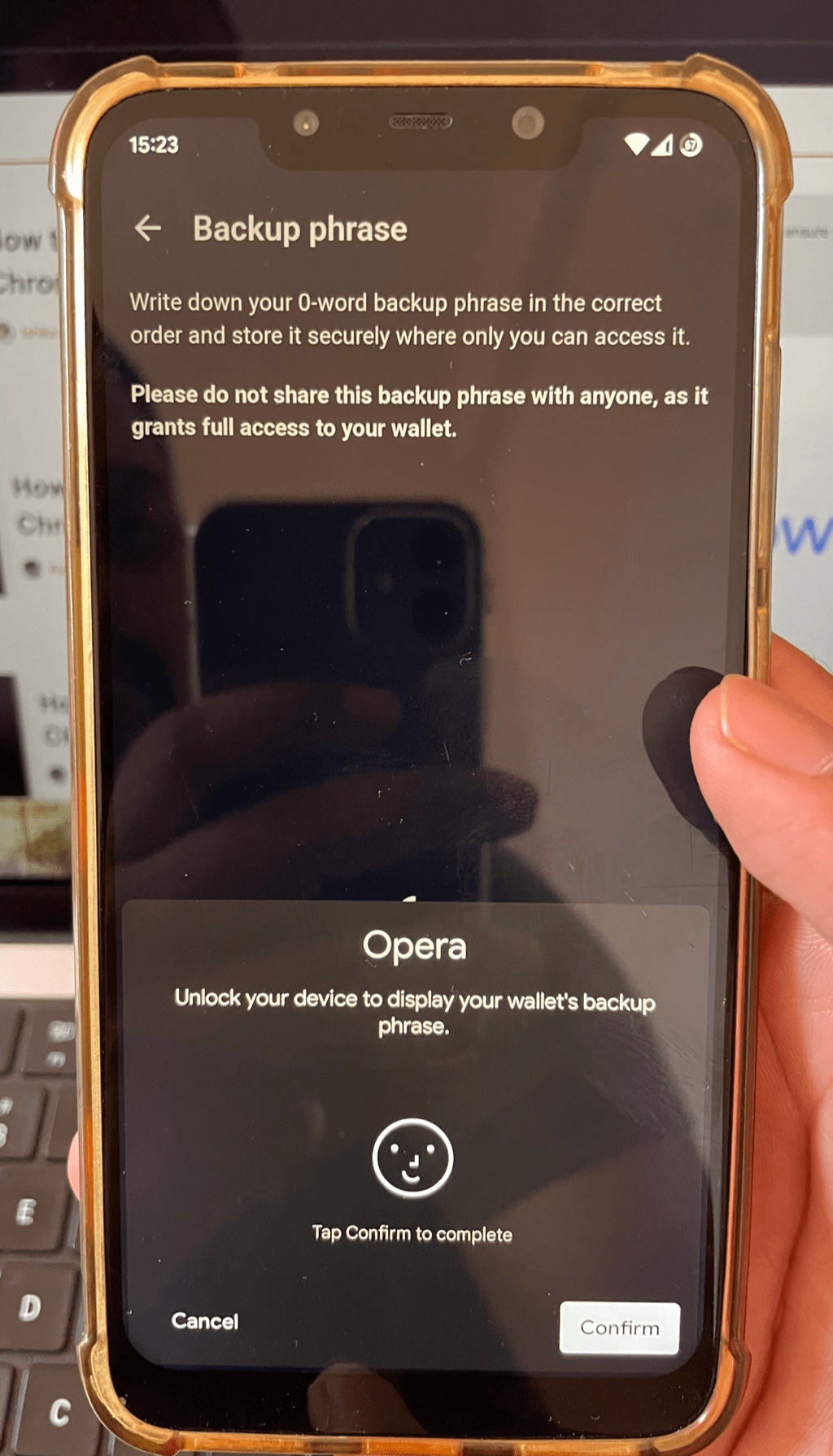 Backup Phrase is protected with device lock on Opera Android