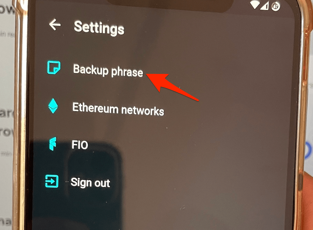 Backup Phrase option under Settings icon on Opera Mobile