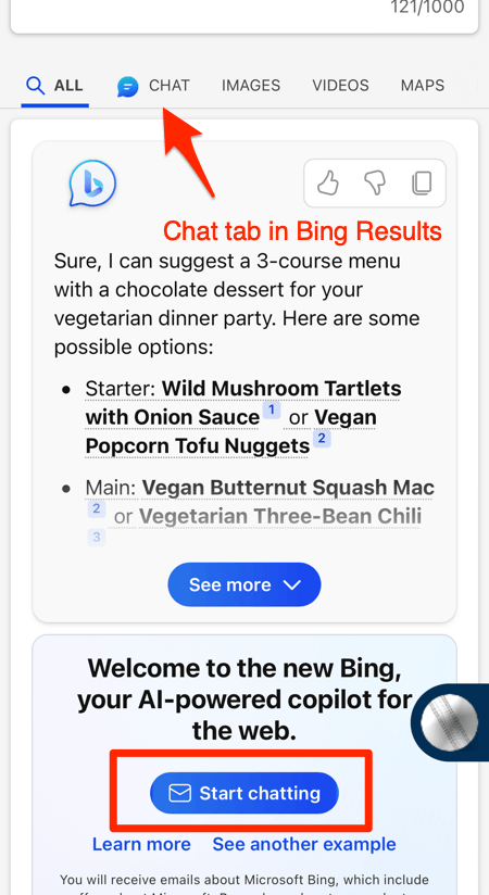 Bing Start Chatting Welcome screen with Chat Tab in Search results