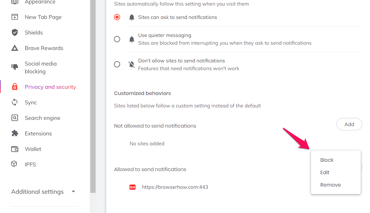 Block Edit and Remove the Allowed Site from Notifications on Brave