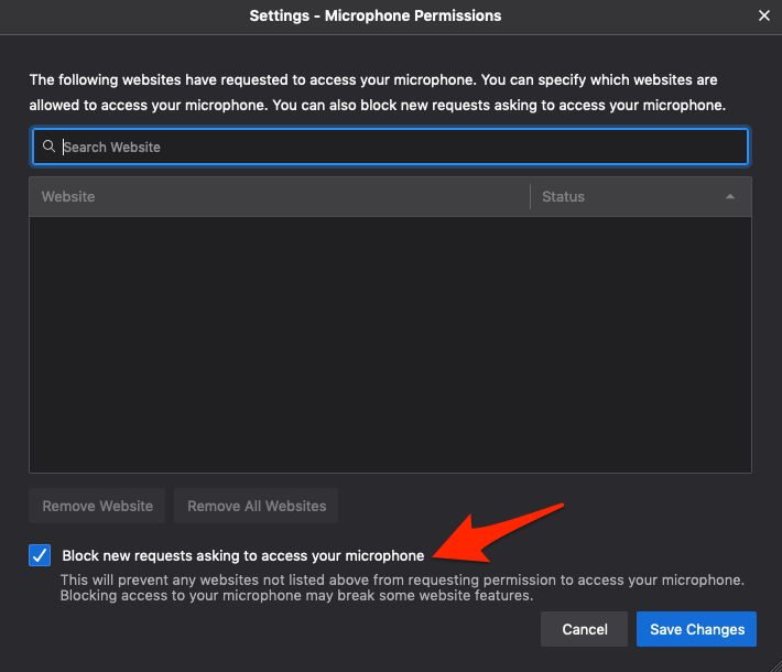 Block new requests asking to access your microphone in firefox