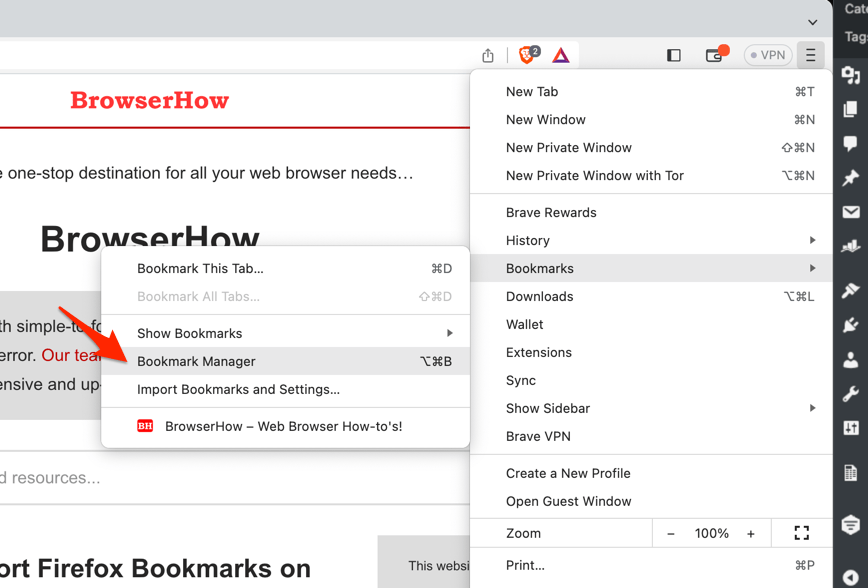 Bookmarks Manager menu under Brave browser on computer