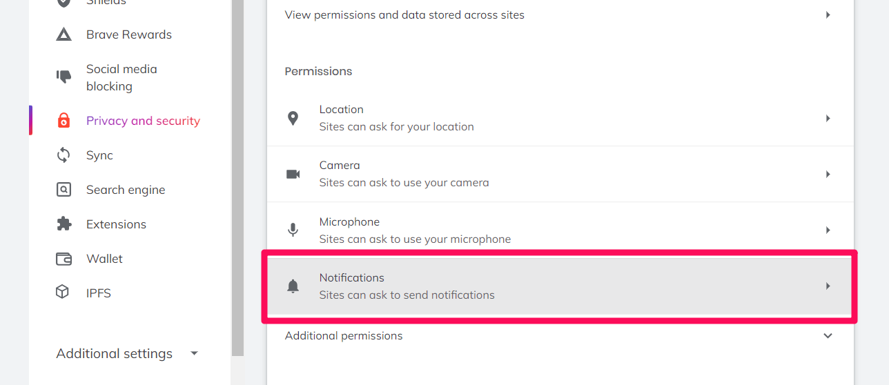 Brave Browser Notifications permissions settings