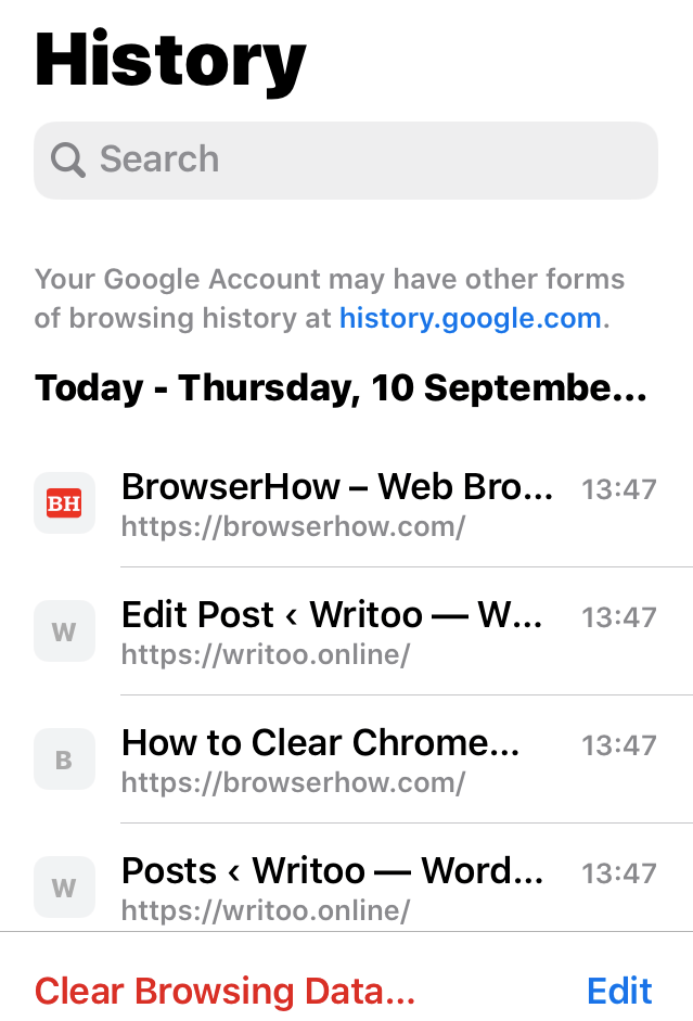 Browsing History Data in Chrome iPhone