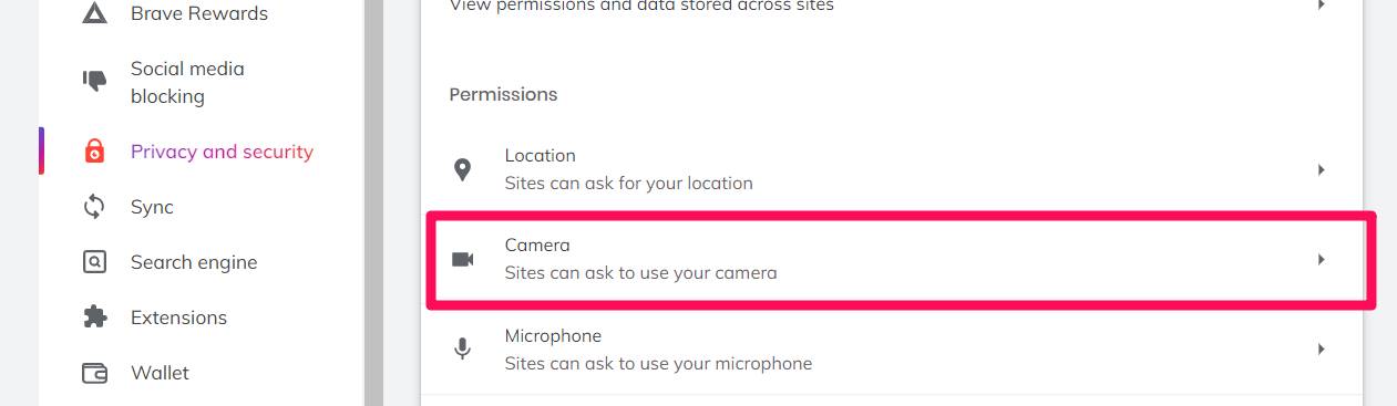 Camera Permissions on Brave browser Settings page