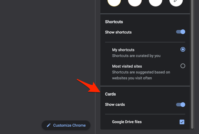 Cards section in Google Chrome Customize Start page options