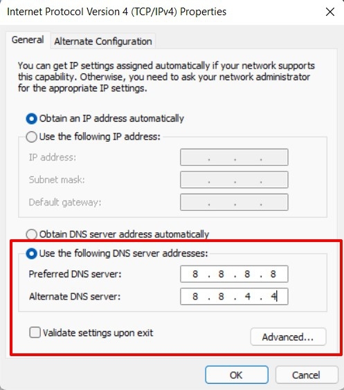Change and use custom DNS settings in Internet Protocol 4 Properties in Windows OS